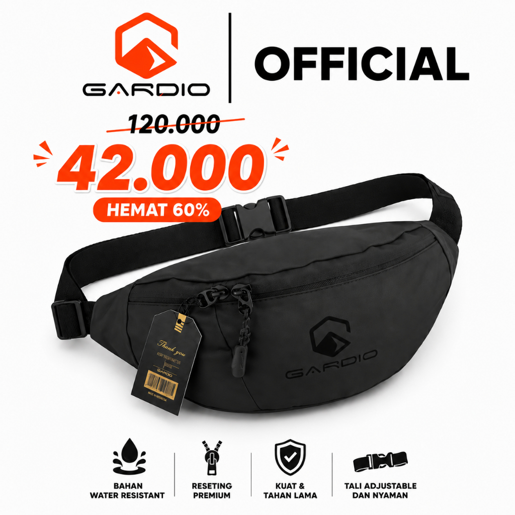 Gardio Full Black Tas Waistbag Pria Wanita Original