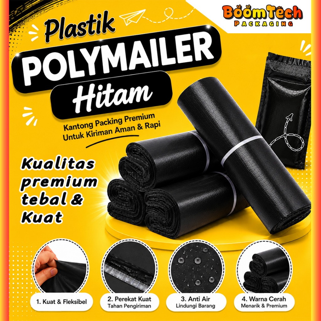 PLASTIK POLYMAILER HITAM SUPER PREMIUM TEBAL Kantong Amplop Packing Olshop Warna Perekat Custom Poly