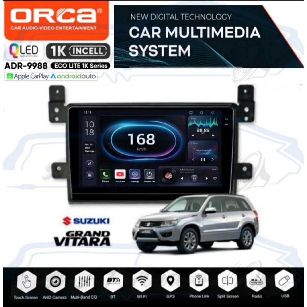 HEAD UNIT TAPE TV MOBIL ANDROID MERK ORCA, DHD ATAU SKELETON UTK SUZUKI GRAND VITARA LAYAR 9 INCH