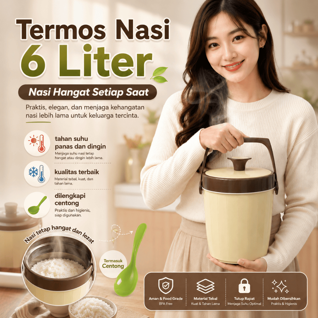 Rice Bucket 6L Termos Nasi 6 Liter Penyimpan Nasi Hangat Anti Bau Tutup Rapat + Centong