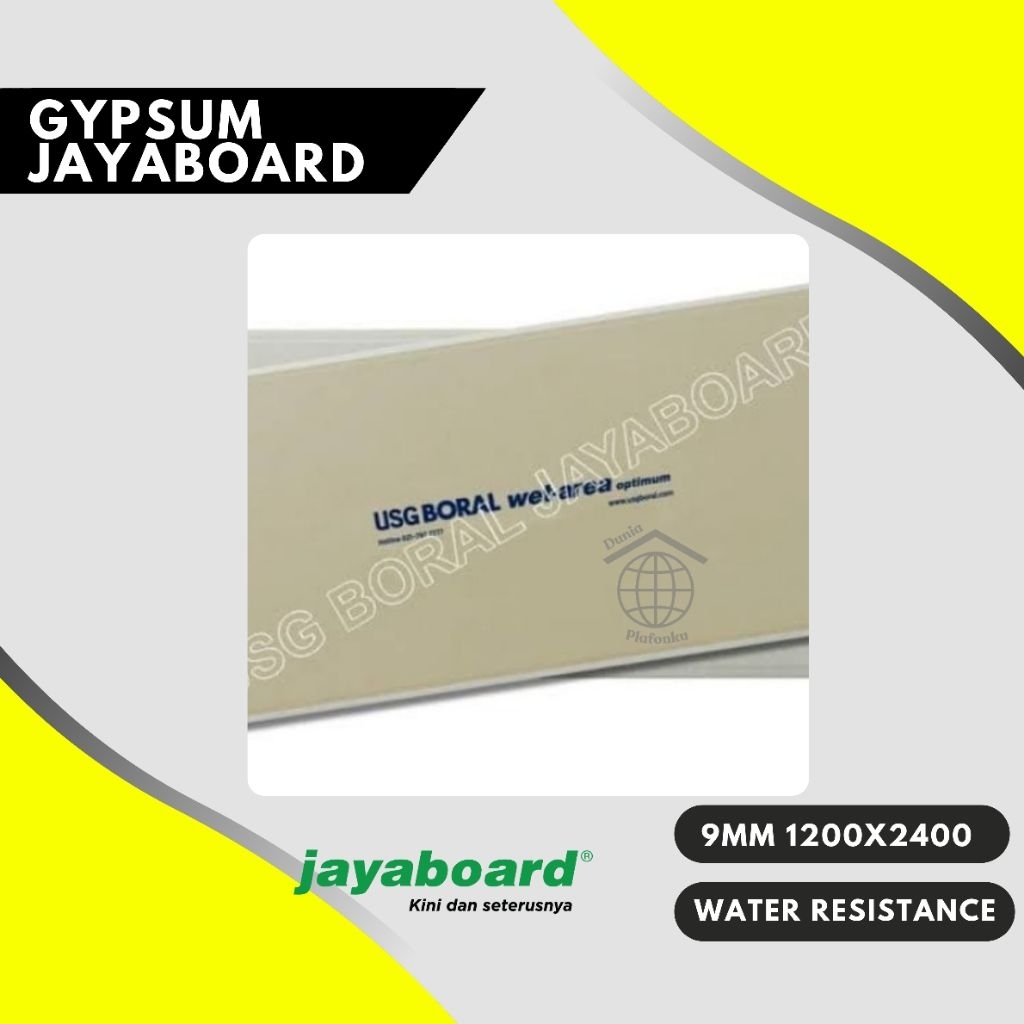 Gypsum WR Jayaboard 9mm / Gypsum Jaya WR 9mm / Gypsum Jaya Wet Area 9mm / Gipsum Tahan Air / Gypsum 