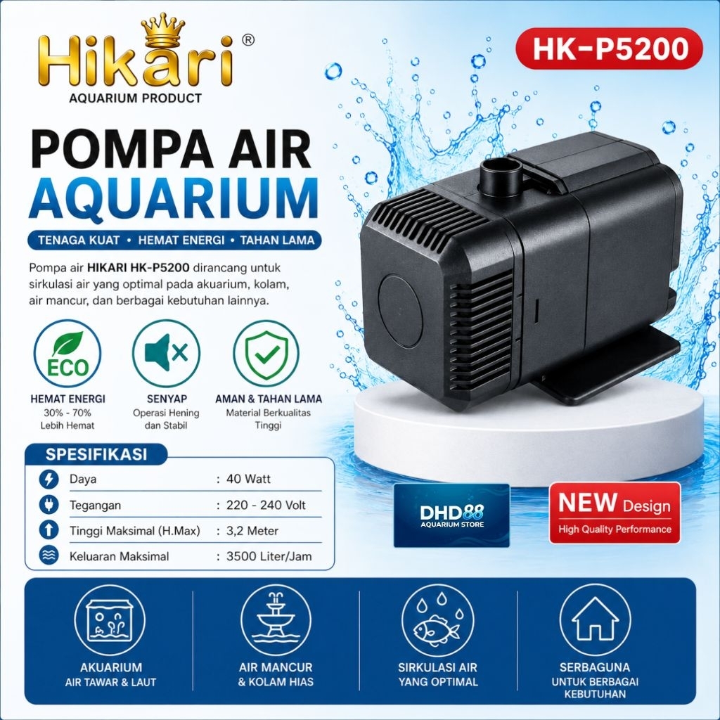 Hikari Pompa Air Celup HK-P5200, Daya 40 Watt, 3500L/H, 3,2 Meter, Kualitas Premium, Tahan Lama & St