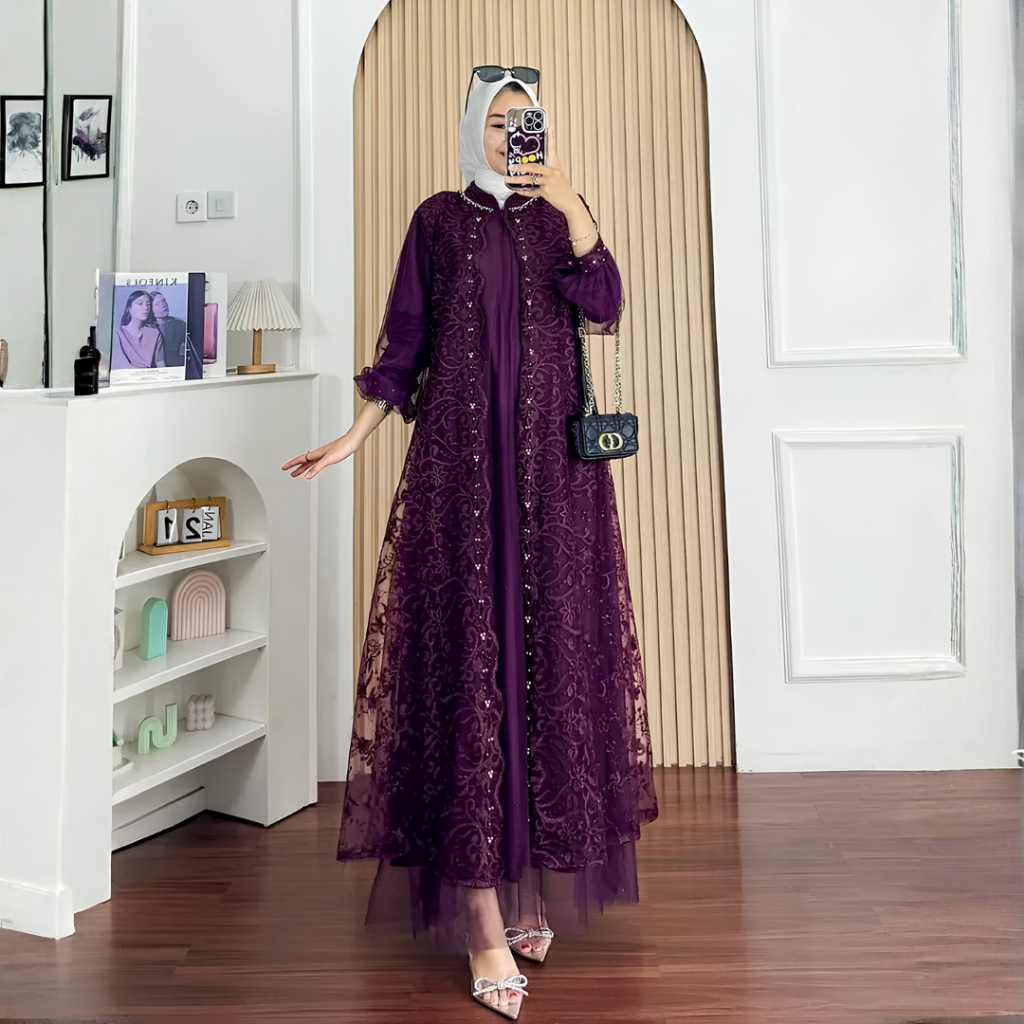 Nadine Dress Gamis Kondangan Pesta Tille Brokat Full Furing Payet Elegan