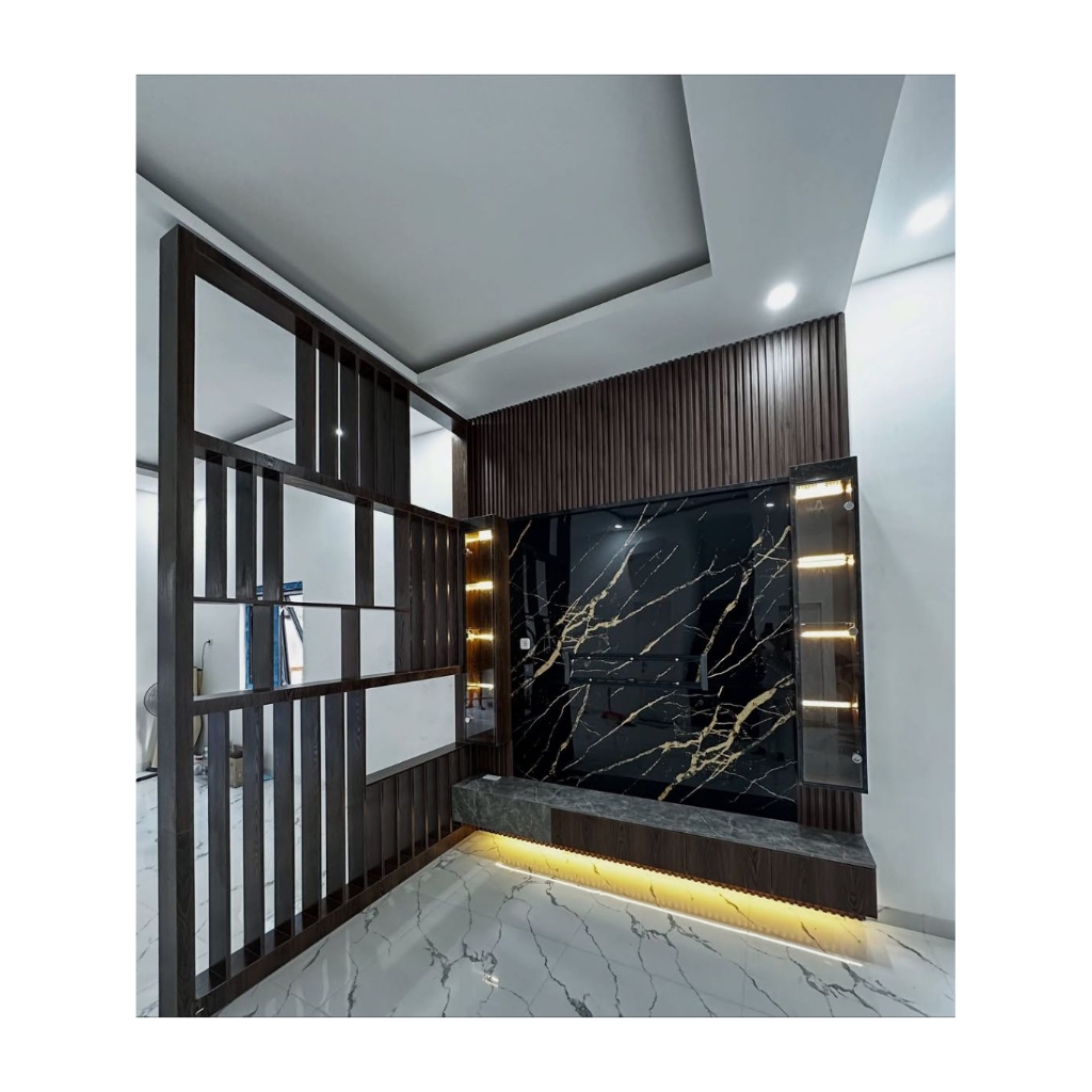 Backdrop TV Custom HPL Modern Mewah + Partisi Lipat Kayu HPL Minimalis | Panel Fluted, Marble Black 