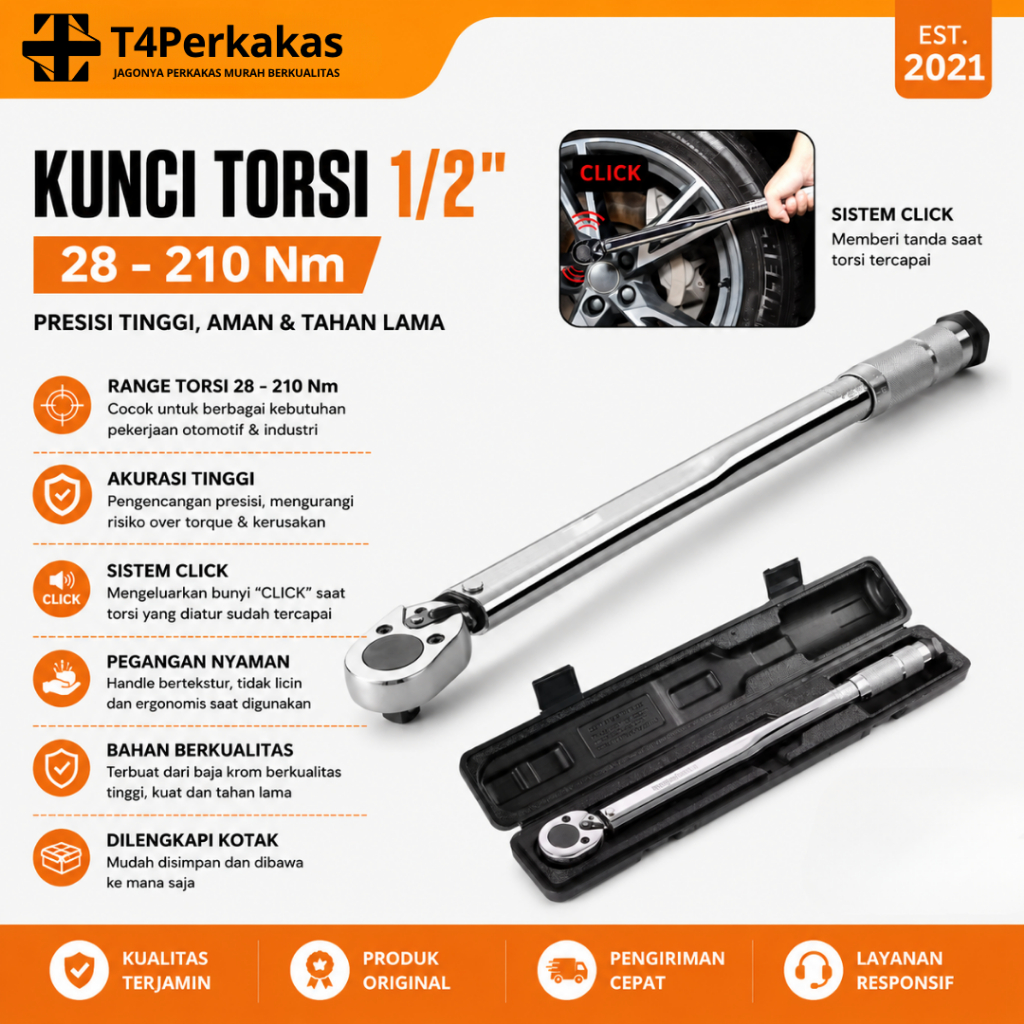 Kunci Torsi 1/2" Inch DR 28-210 Nm / Alat Kunci Momen Preset Torque Wrench Adjustable Roda Mobil Sep