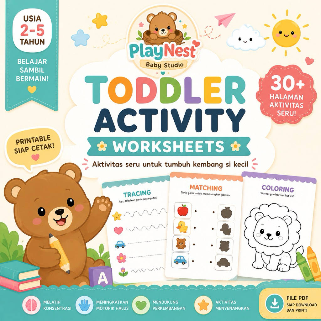 Worksheet Berwarna untuk balita 2-5 tahun, Printable Digital Product