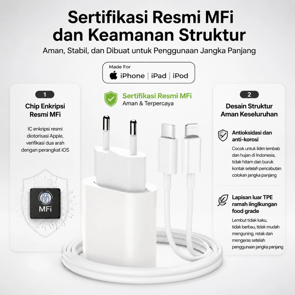 20W Fast Charger + Kabel Data Lightning PD 20W - Cas Cepat 50% Hanya 30 Menit - Kompatibel iPhone 8-