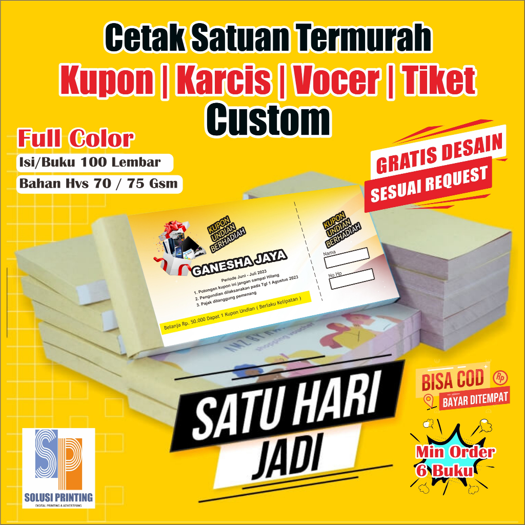CETAK KUPON KARCIS TIKET CUSTOM SATUAN untuk undian parkir hadiah doorprize jalan sehat jalan santai