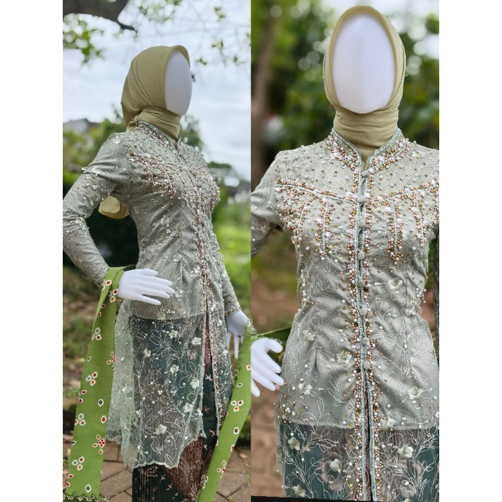 kebaya sage 1 set ,Kebaya Hijab Panjang Modern Full Furing – Kebaya Muslimah Elegan untuk Wisuda & K
