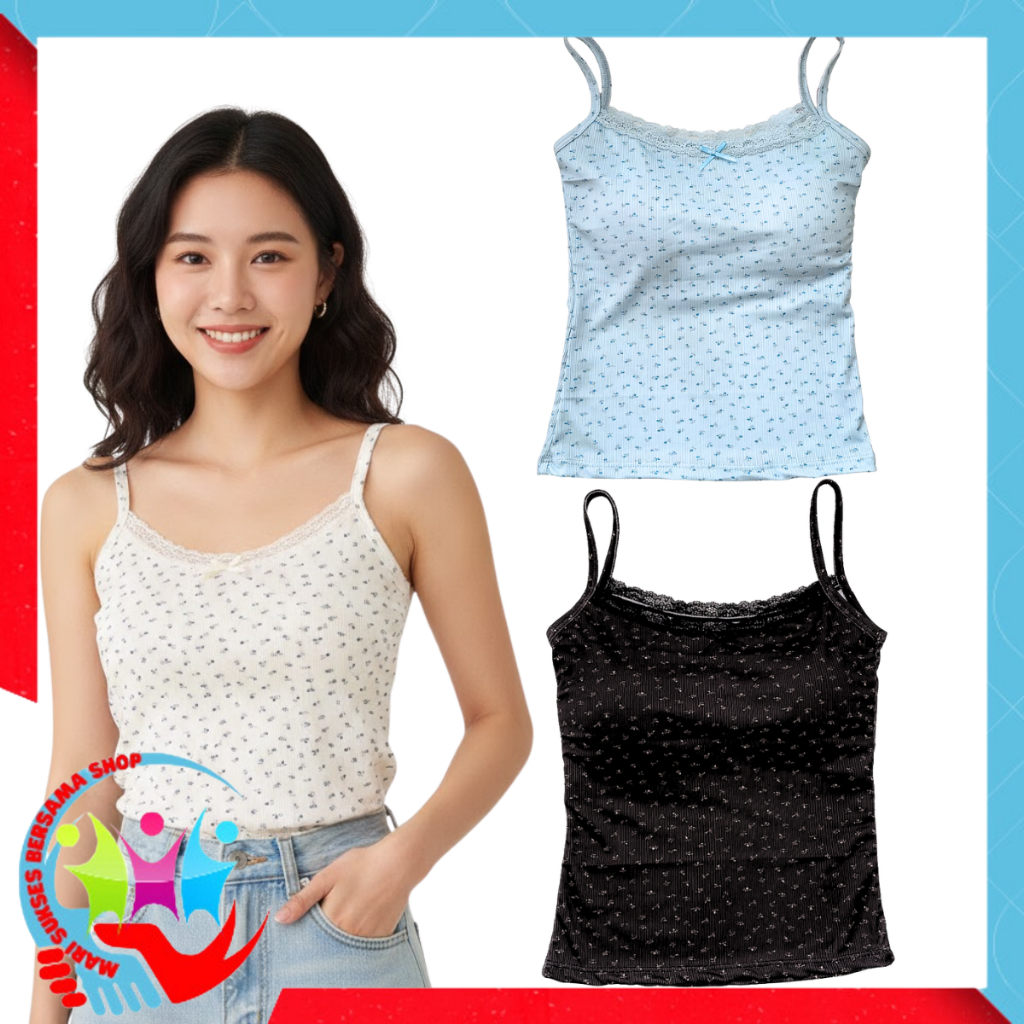 MSBS Tanktop Wanita Singlet Motif Bunga Renda 7084 Bra Busa Tali Floral Lace Pita Lucu Atasan Knit C