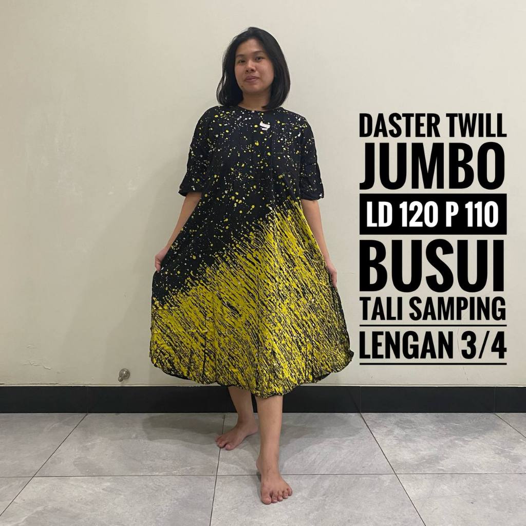 Daster Lengan 3 4 Jumbo LD 120 Busui Friendly Resleting Depan Tali Samping Motif Batik Abstrak Twill