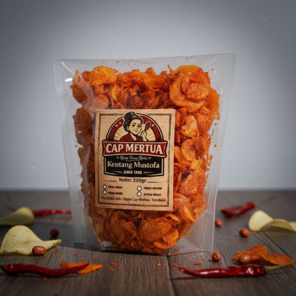 Kentang Mustofa Keripik Balado Pedas Manis 200gr Kentang Kering Bulat Kriuk Cap Mertua