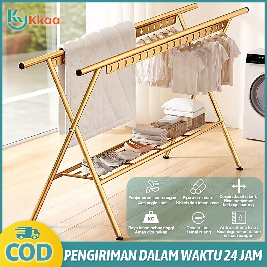 Rak Gantungan Baju Berdiri Stainless Steel Tebal Jemuran Baju Stainless Jemuran baju Dobel Pool Roda