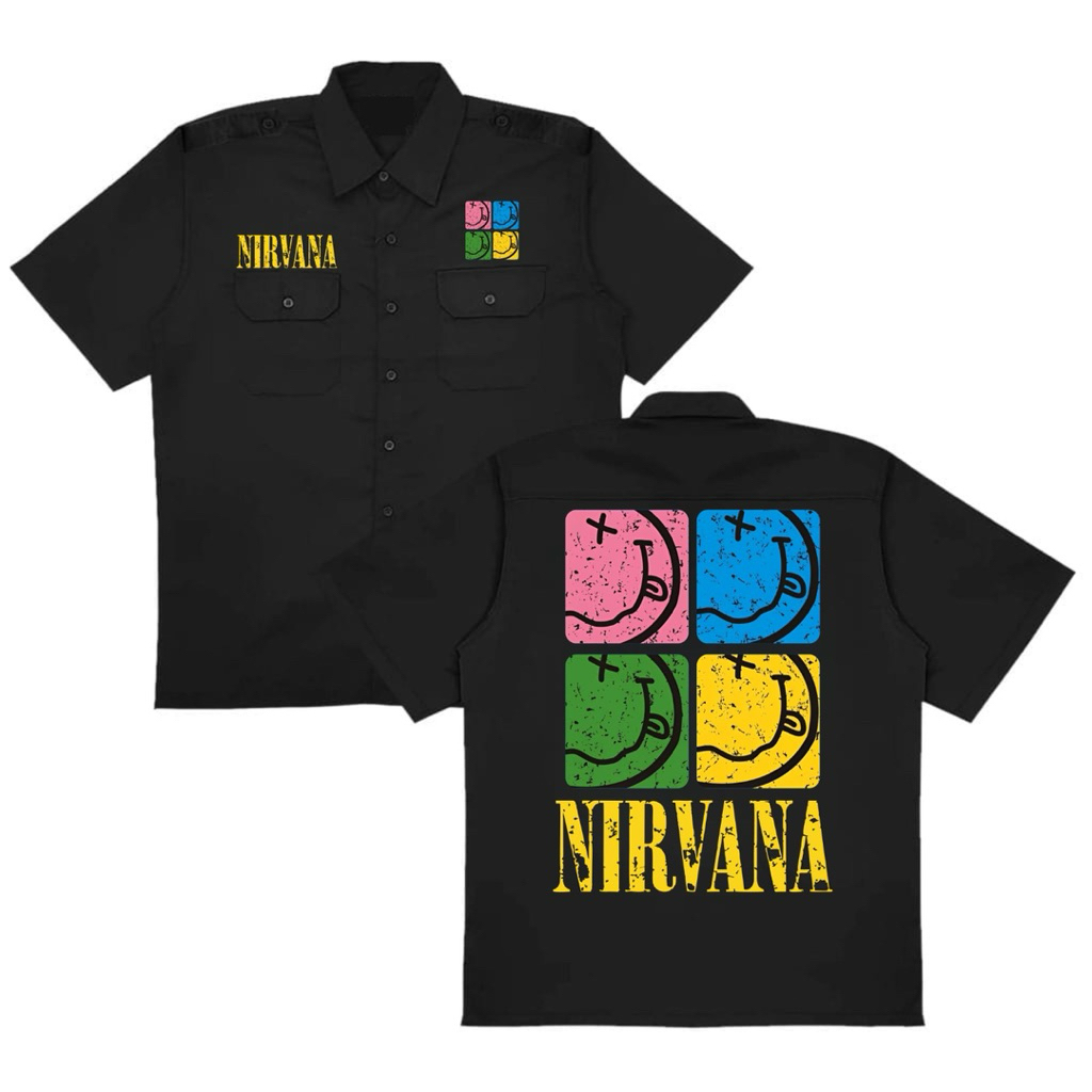 KEMEJA PENDEK WORKSHIRT BAND NIRVANA “ RAINBOW SMILE” TERBARU
