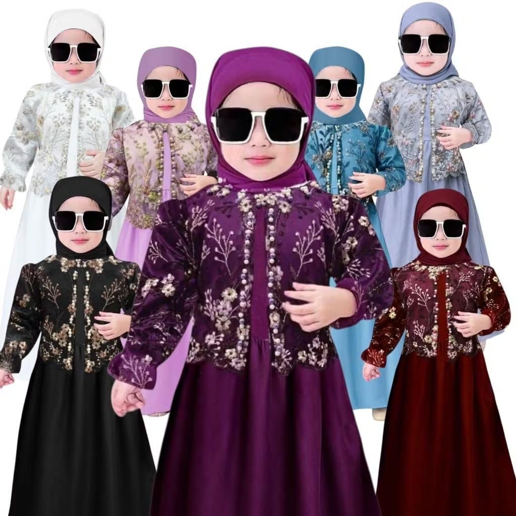 RAYA - GAMIS ANAK CEWE PEREMPUAN BRUKAT MUTIARA SAYAP TILE BORDIR UMUR 2-13 TAHUN WARNA COKLAT MAHOG
