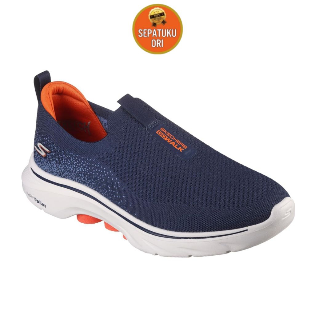 SEPATU PRIA SKECHERS GO WALK 7 SNEAKER NAVY AND ORANGE TEXTILE SLIP-ON NEW ORI BNIB