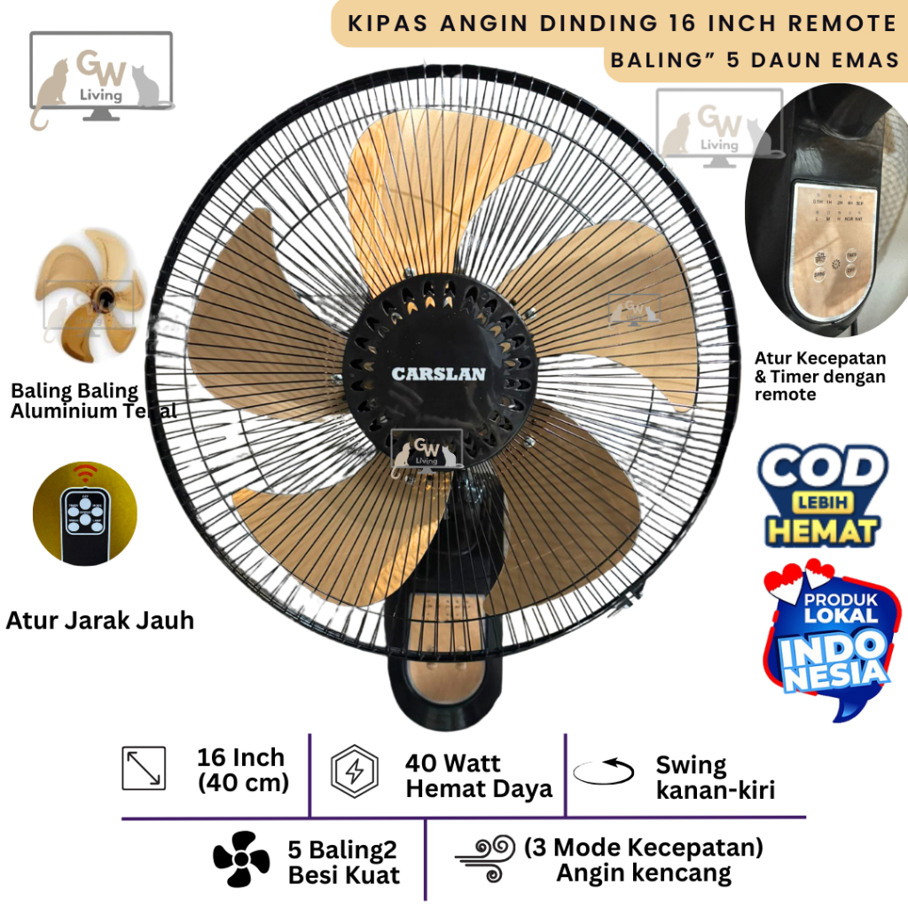 Kipas Angin Dinding Remot Turbo Tornado Besi GOLD 16 Inch Kencang Hemat Daya