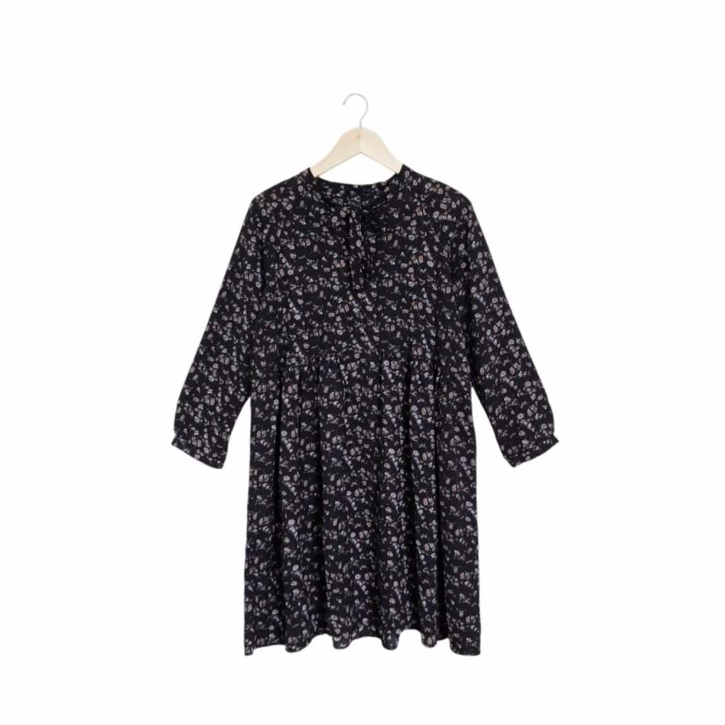 Midi Dress Motif Bunga Pita Hitam (KODE : B141- 29)