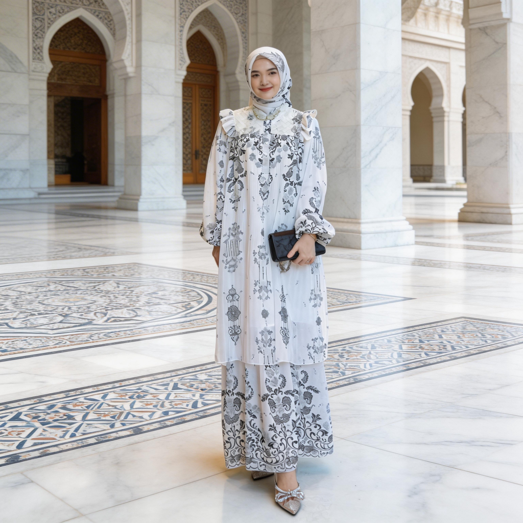 FANMU Gamis Set Hijab Wanita/ Dress Putih Kondangan Premium Wanita/Dress Lebaran Model Gamis Terbaru