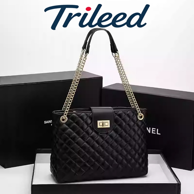 TRILEED Tas Totebag Wanita Kulit Sintetis Tali Rantai Anti Air Polos Hitam Khaki