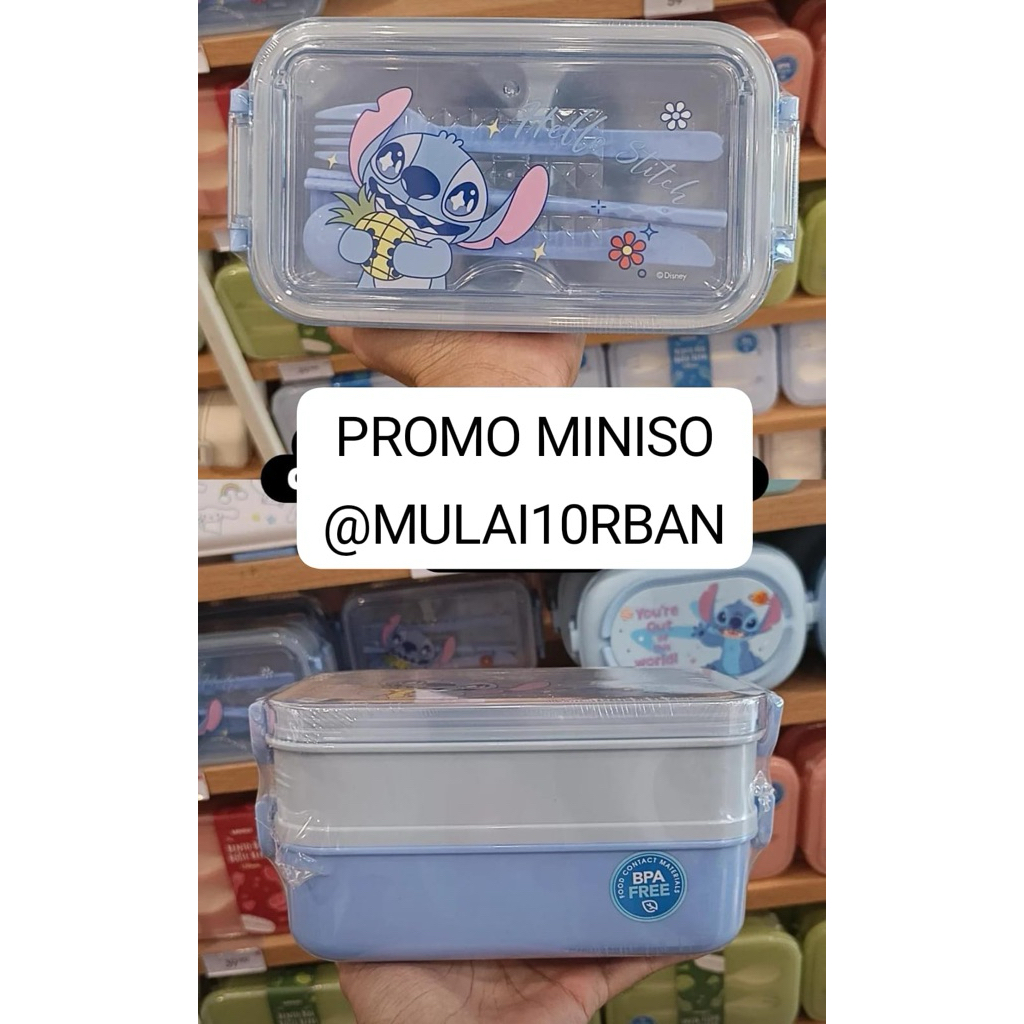 miniso kotak bekal tempat bekal anak set alat makan garpu sendok stitch biru blue