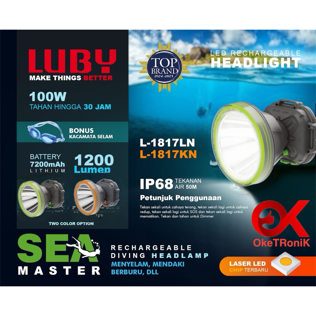 LUBY SENTER SELAM 100 WATT / Headlamp atau Senter Kepala SELAM Luby L-1817 SEA MASTER - CAHAYA PUTIH