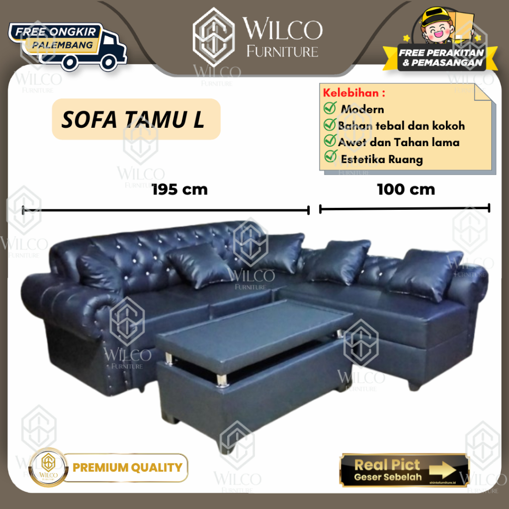 Sofa Tamu L Minimalis | Sofa Kulit Motif Kancing | Sofa Sudut Mewah Modern