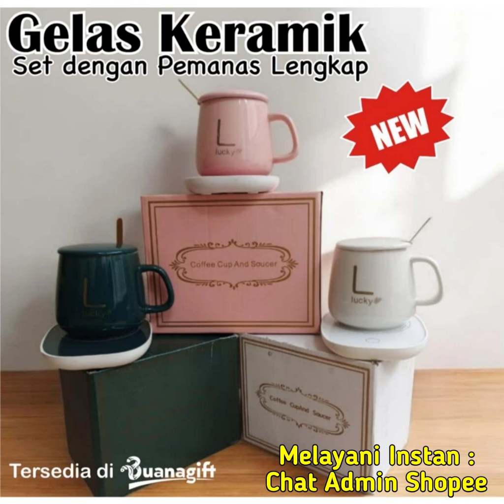Mug Cangkir Elektrik Set Keramik Pemanas Penghangat Kopi Gelas Mewah Keramik Listrik dan Sendok - Bu