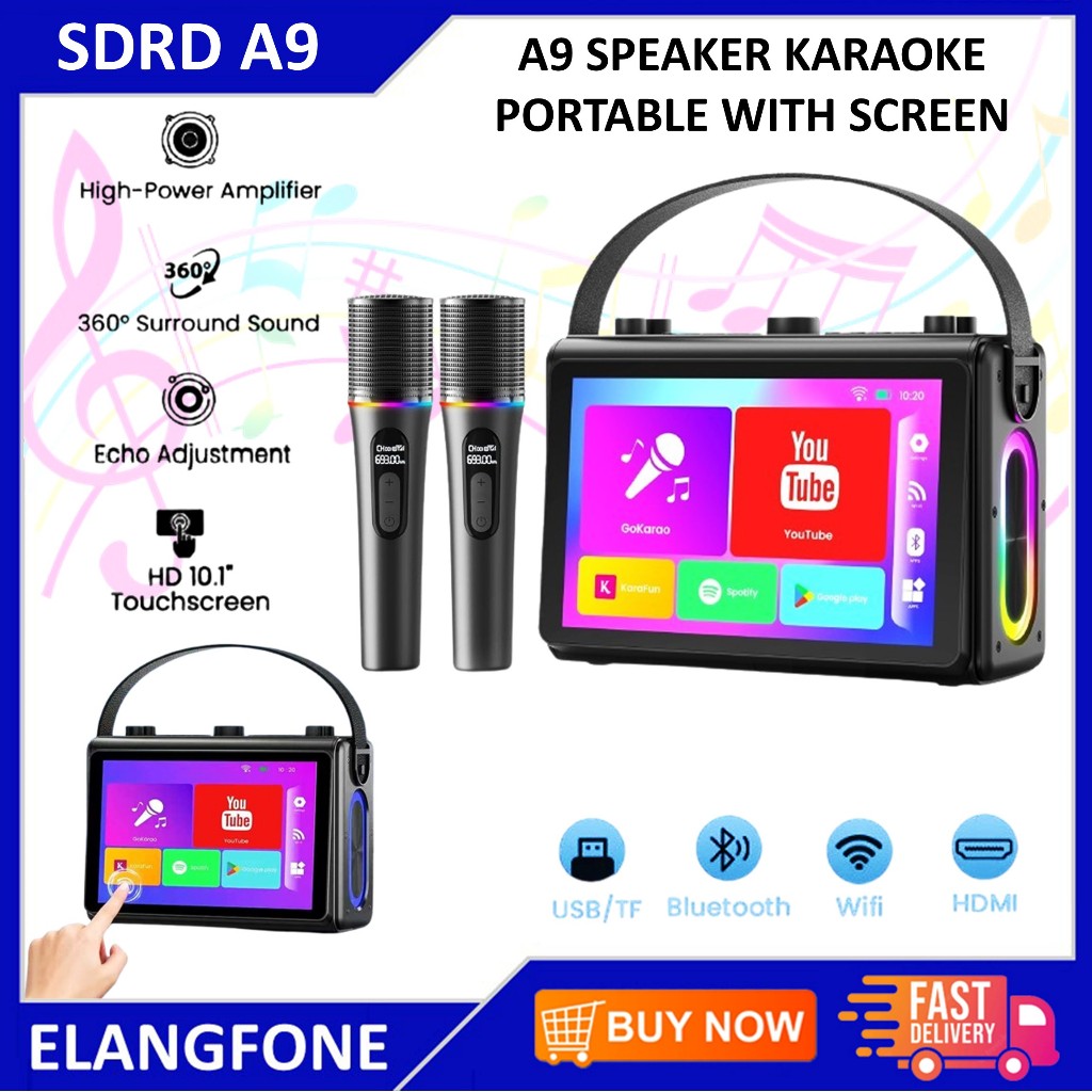 SDRD A9/A6 Speaker Karaoke Portable dengan LED Layar Sentuh Dual Microphone Wireless