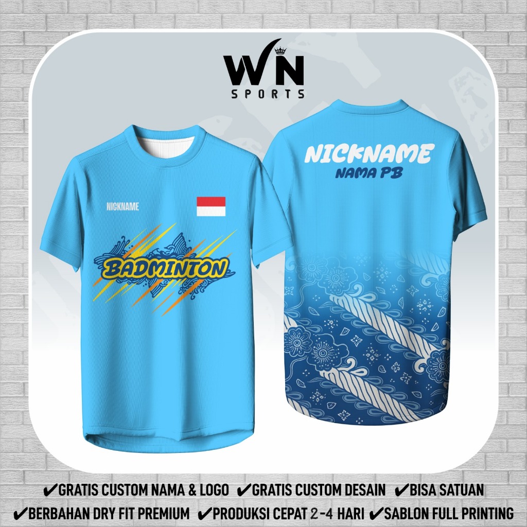 JERSEY BADMINTON AZURE BATIK - Baju Olahraga Bahan Dryfit Pria wanita Full printing
