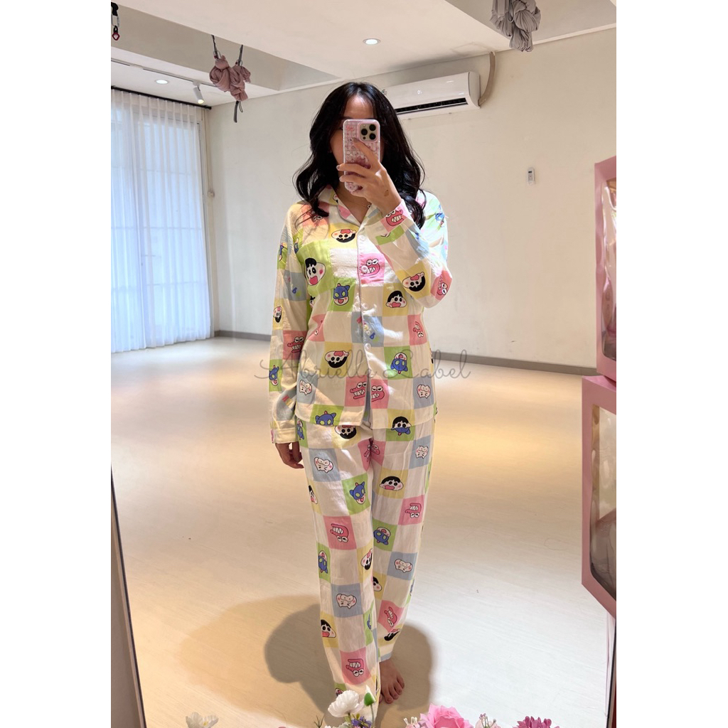 PP03 Baju Tidur Piyama Tidur set Wanita Sinchan Korea  Kekinian Lengan Panjang