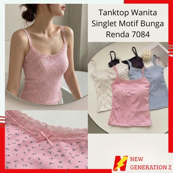 NGZ Tanktop Wanita Singlet Motif Bunga Renda 7084 Bra Busa Tali Floral Lace Pita Lucu Atasan Knit Co