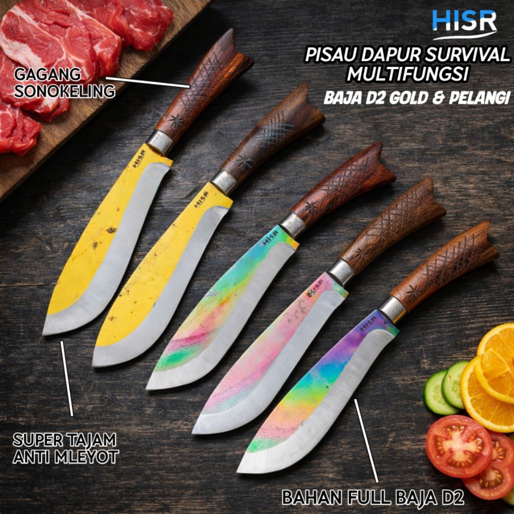pisau dapur Survival profesional premium bahan dari baja D2 original asli warna pelangi & gold super