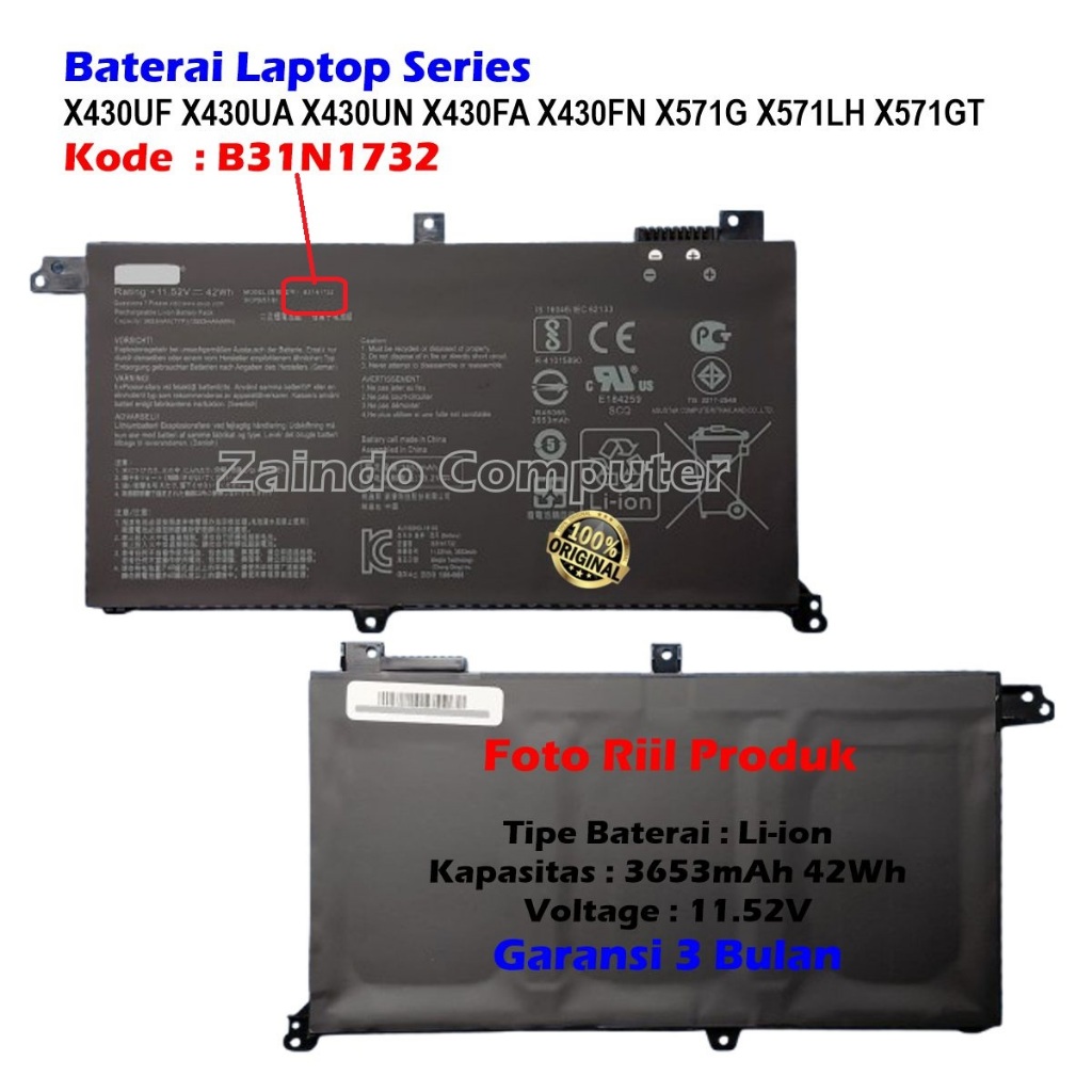 BATERAI ASUS VIVOBOOK B31N1732 S14 S430FA S430FN S430UA S430FA X430UF K430FA K430FN K430UF R430FA R4