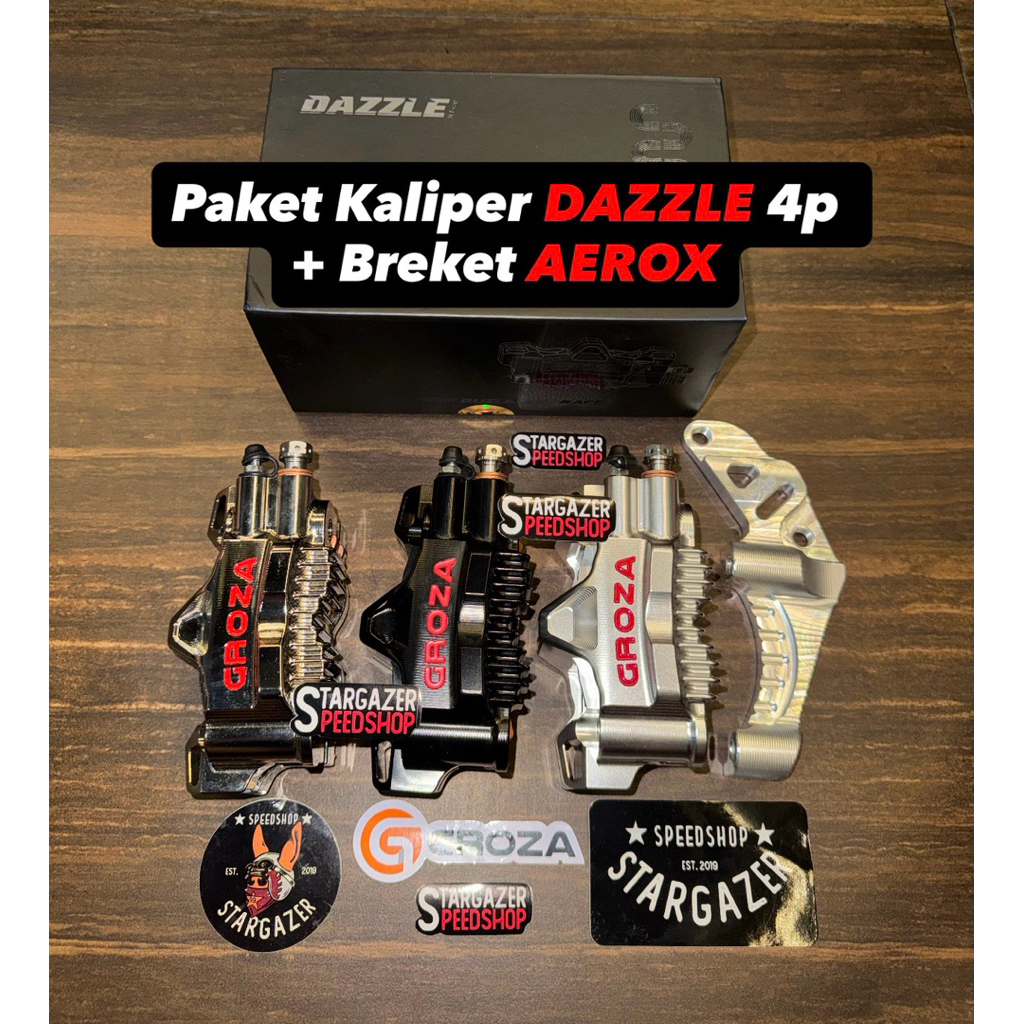 KALIPER GROZA 4 PISTON DAZZLE AEROX OLD NEW ALPHA TURBO NVX PITCH 82MM ALUMINIUM BILLET UNIVERSAL CA