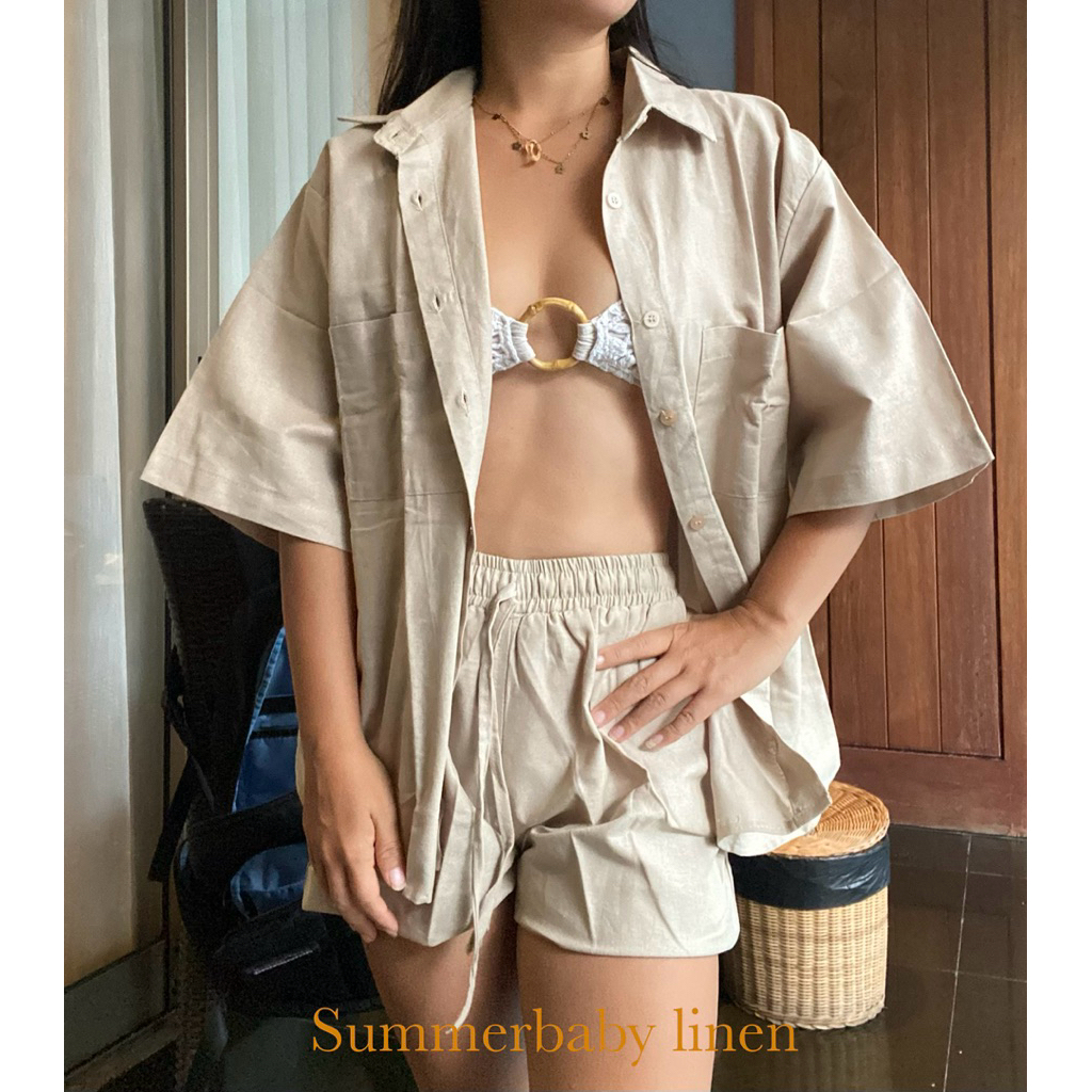 Set linen uluwatu bali kemeja dan celana pendek premium