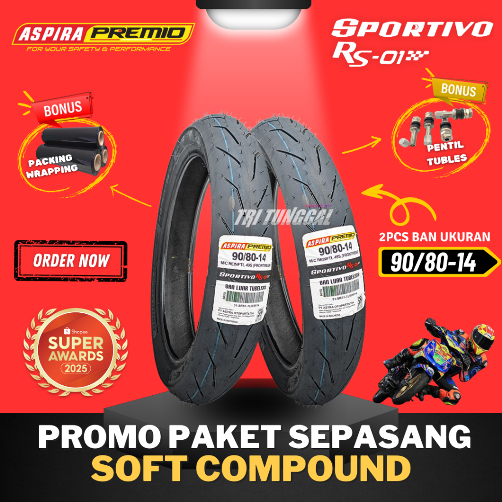 [COMBO SEPASANG] BAN ASPIRA PREMIO SPORTIVO RS01 RING 14  TUBELESS SOFT COMPOUND ( 90/80-14 ) / BAN 