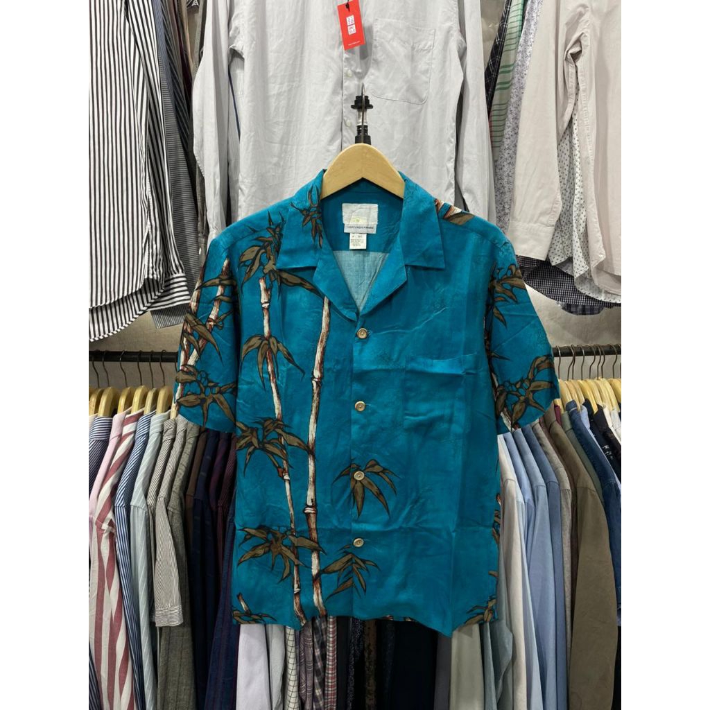 kemeja vintage Hawaii open collar rayon biru turkies ( M )