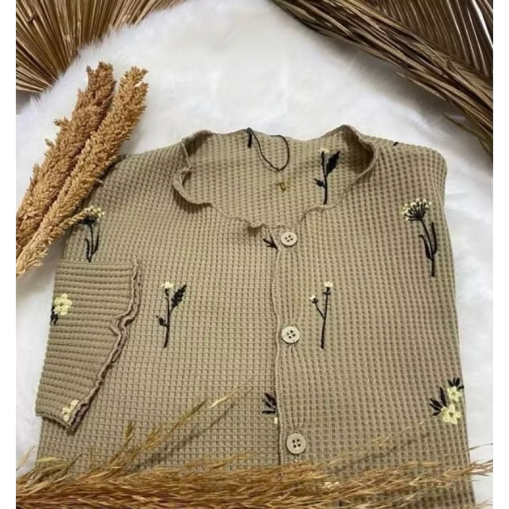 kode 1  warna mocca flowers Cardigan rajut  Wanita bahan rajut premium tebal