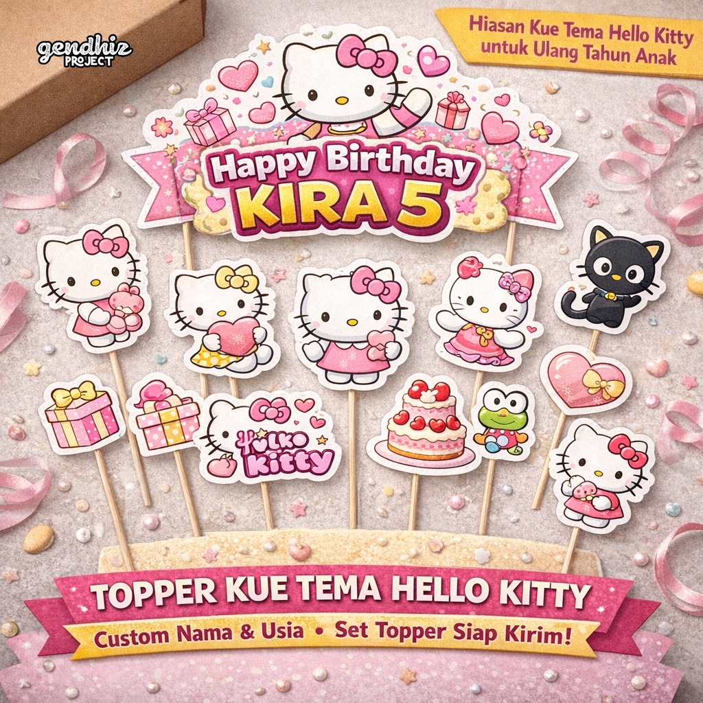 Topper Kue Ulang Tahun Anak Tema Hello Kitty Custom Nama & Usia – Cake Topper Birthday Anak Perempua