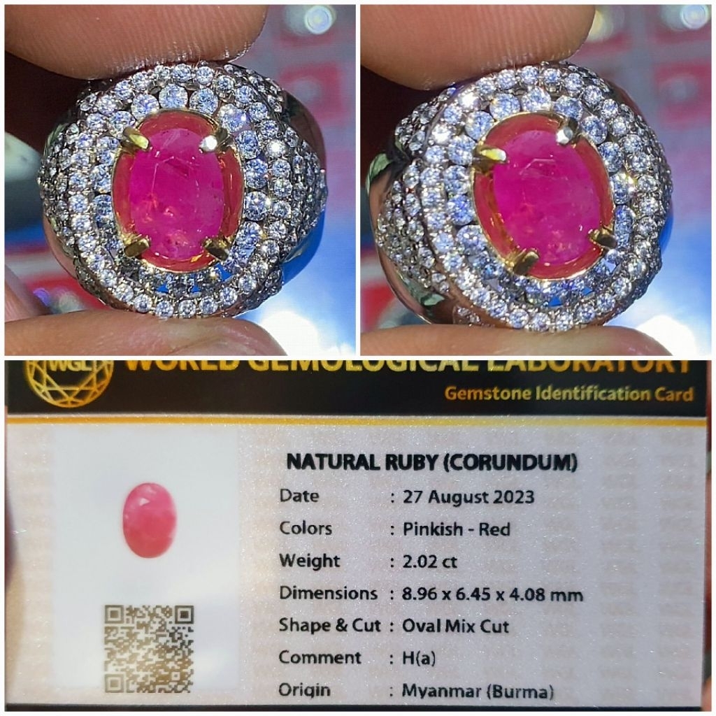 Natural Ruby Burma 2.02ct Pinkish-Red kristal cutting cincin perak mikrosetting handmade