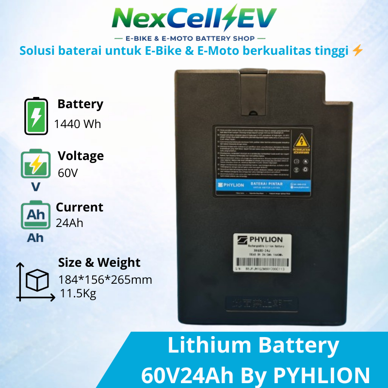 Baterai Motor Listrik Lithium By PHYLION 60V - 24Ah. Garansi Full Replacement 2 Tahun