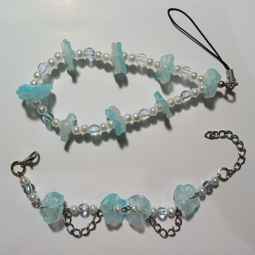 Flower of the Sea Series | Gantungan Kunci Aksesoris Handphone Gelang Manik Manik Kawat Biru Bunga P
