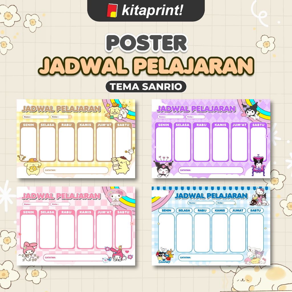 Poster Jadwal Pelajaran Sanrio Tebal Besar / Poster Jadwal Pelajaran Kelas