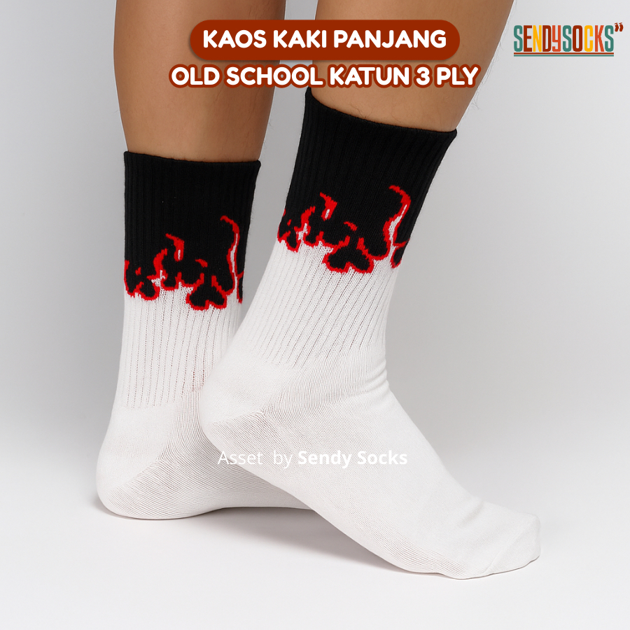 Kaos Kaki Oldshool Motif Api Putih Katun Panjang - Sendy Kaos Kaki