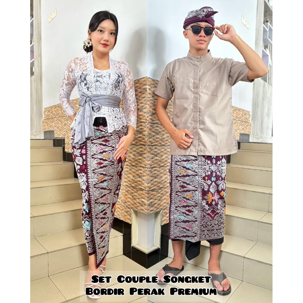 Set Couple Bordir Silver Songket Bali | Kamen Lembaran + Saput + udeng