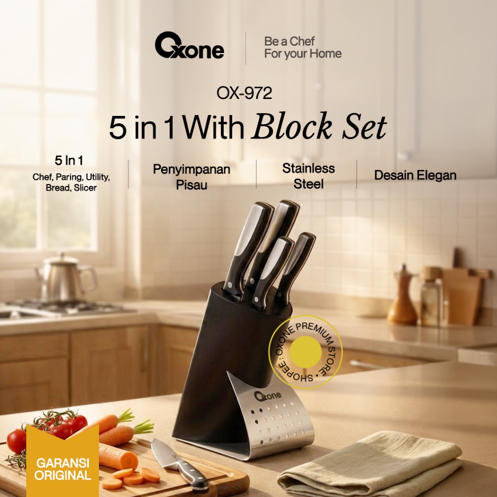 Oxone OX-972 Knife Set 5 Pcs Stainless Steel – Pisau Dapur Lengkap dengan Holder