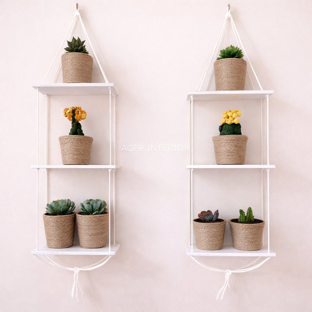 Rak Gantung Tali Dinding Kayu 1/2/3 Susun Minimalis Aesthetic | Ambalan Dinding Serbaguna Rak Bunga 