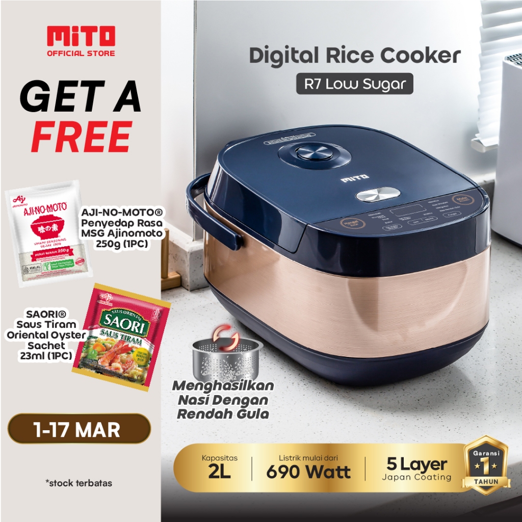 Mito R7 Low Sugar Rice Cooker 1.8 Liter Hitam - Pemanggang Digital Multifungsi