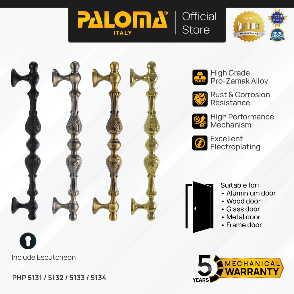 PALOMA Gagang Tarikan Pintu Door Pull Handle Zamak Gold Emas Black Hitam Antique Antik Brown Coklat 